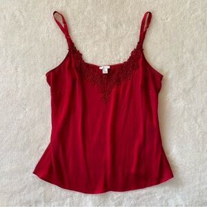 Vintage red silk spandex blend cami tank top with lace trim & mini bead detail L